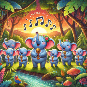 Baby elephant singing while monkey, rabbit, and turtle listen peacefully
