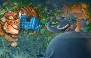 Magical bedtime scene of elephant’s lullaby calming the jungle