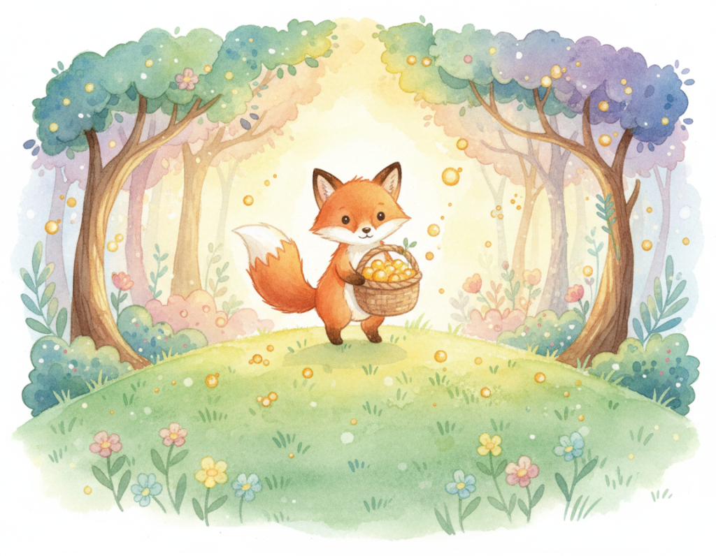 Finn the Fox sharing golden berries with his forest friends - The Bedtime story