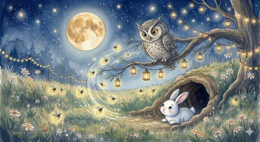 Oliver the owl speaking to Ruby the rabbit at night — bedtime story about overcoming fear for kids