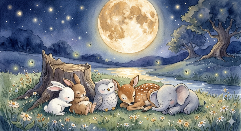 Ruby and all her forest friends sleeping under the moon — bedtime story about overcoming fear for kids