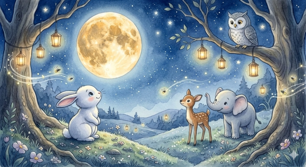 Ruby the rabbit sitting under the moon — bedtime story about overcoming fear for kids