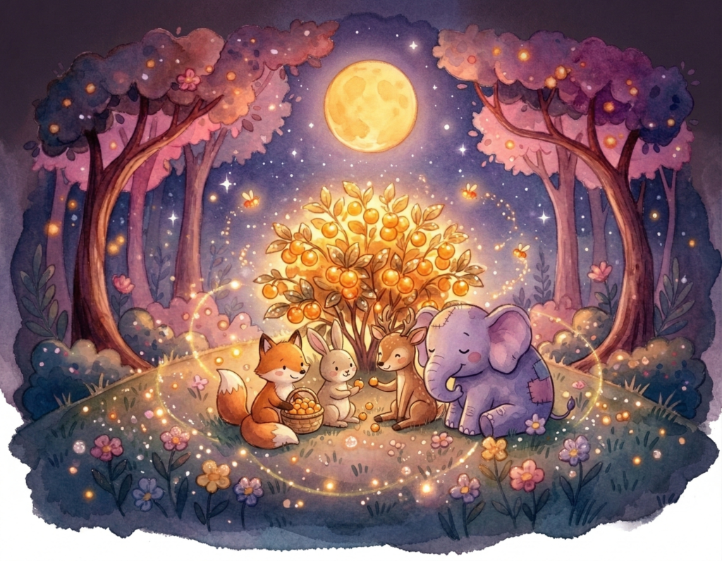 Finn the Fox sharing golden berries with his forest friends - The Bedtime story