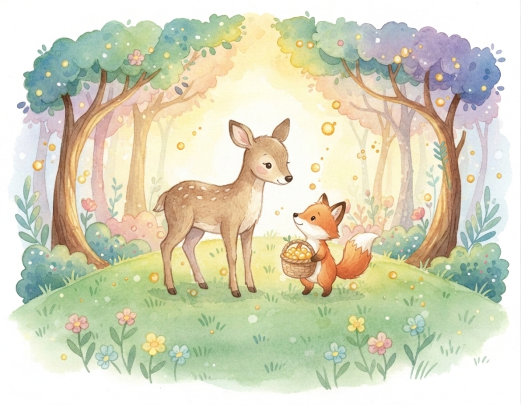 Finn the Fox sharing golden berries with his forest friends - The Bedtime story