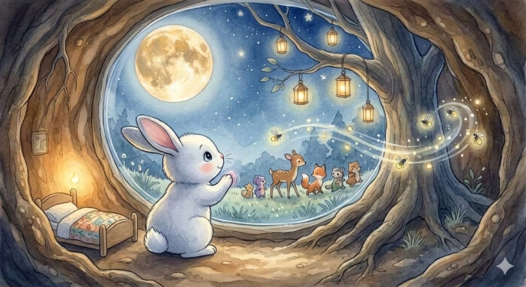 Ruby the rabbit looking out her burrow window at night — bedtime story about overcoming fear for kids