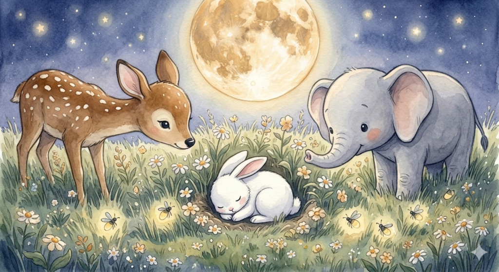 Ruby sleeping peacefully under the harvest moon — bedtime story about overcoming fear for kids