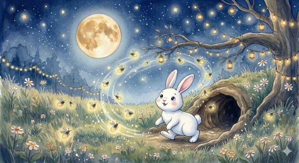 Ruby the rabbit stepping outside into the moonlit night — bedtime story about overcoming fear for kids