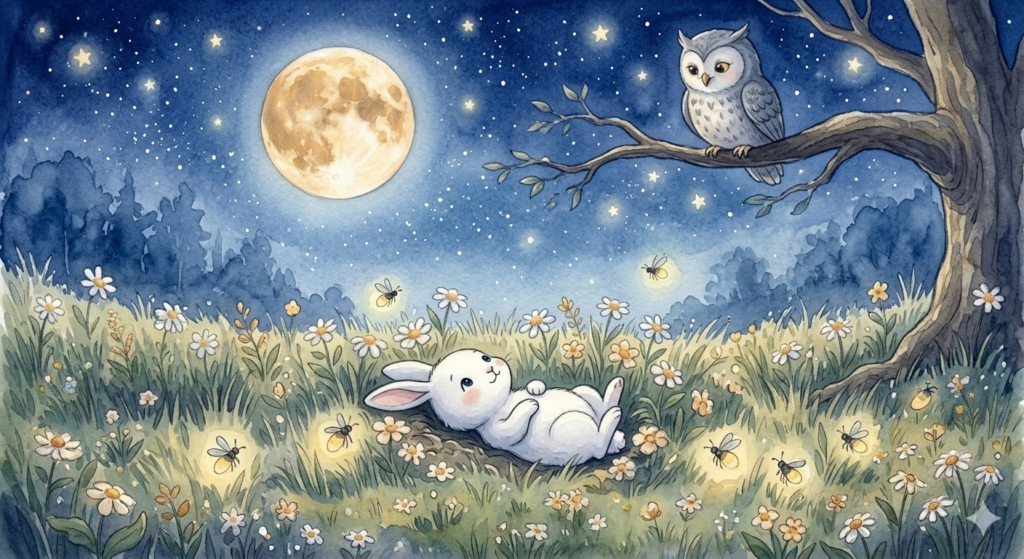 "Ruby gazing at the stars with Oliver the owl — bedtime story about overcoming fear for kids