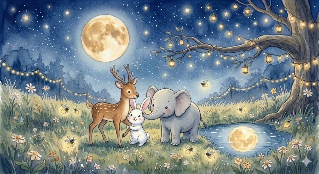 Ruby, Daisy and Ellie together under the moon — bedtime story about overcoming fear for kids