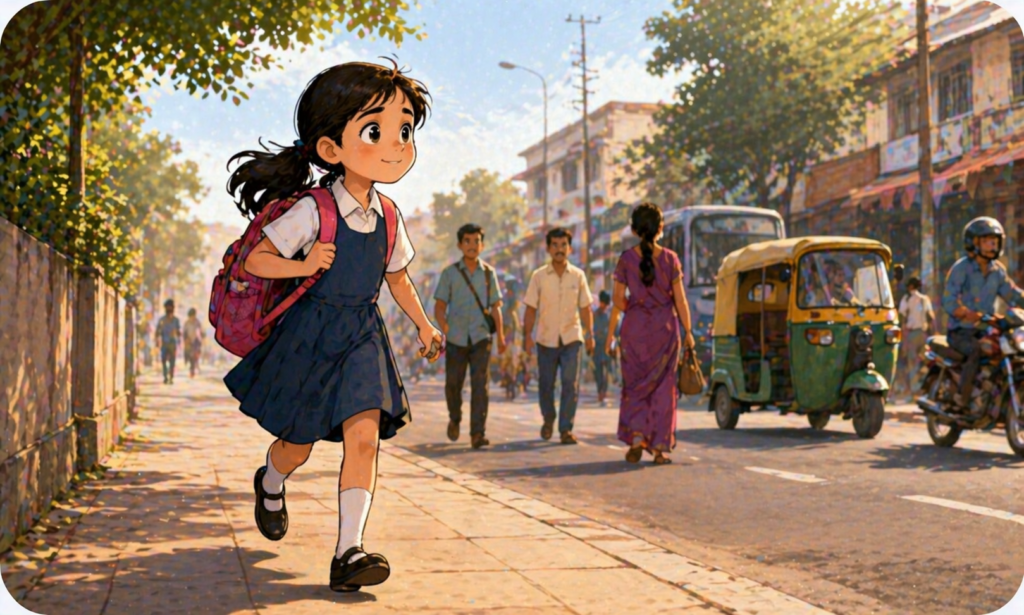 school girl walking fast on busy street