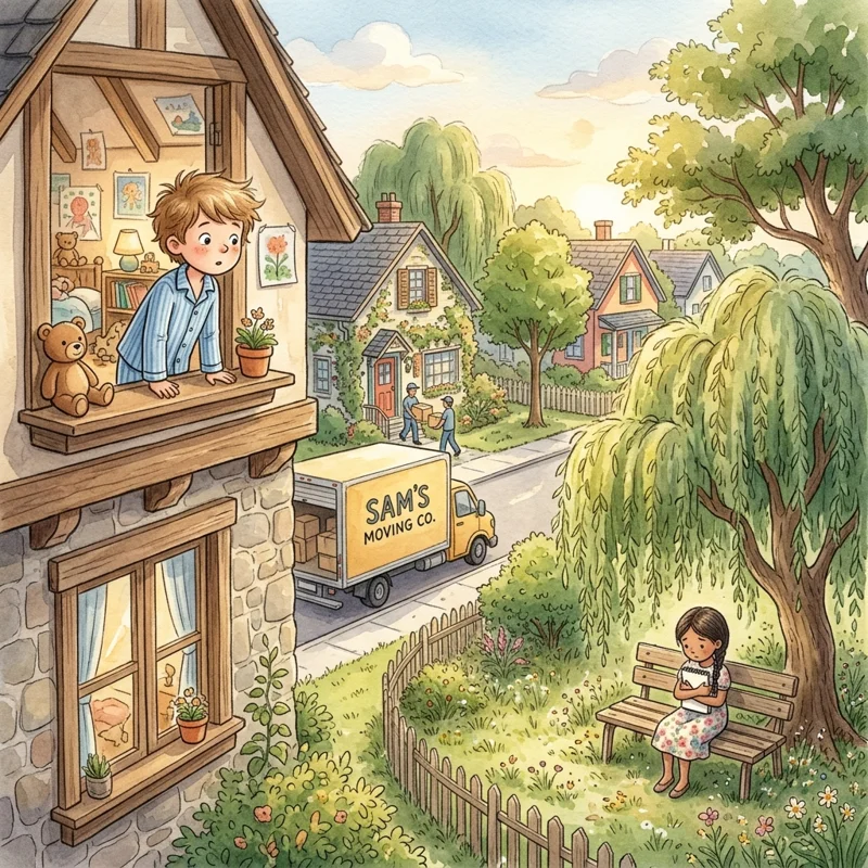 Leo looking out of his window at Mei in her new backyard - kindness and friendship bedtime story