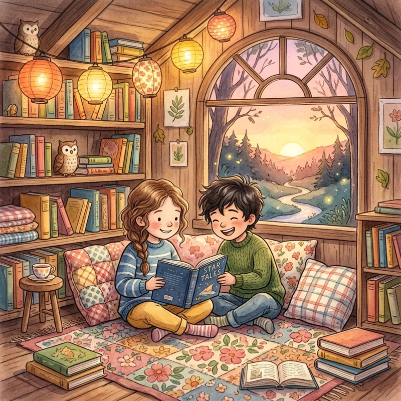 Leo and Mei sitting together under warm lantern glow at sunset - kindness and friendship bedtime story