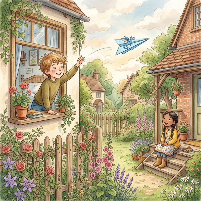 Leo launching a sky-blue paper airplane with a blue dragon drawing - kindness and friendship bedtime story