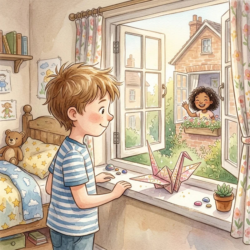 Leo finding a pink and gold paper crane on his windowsill - kindness and friendship bedtime story