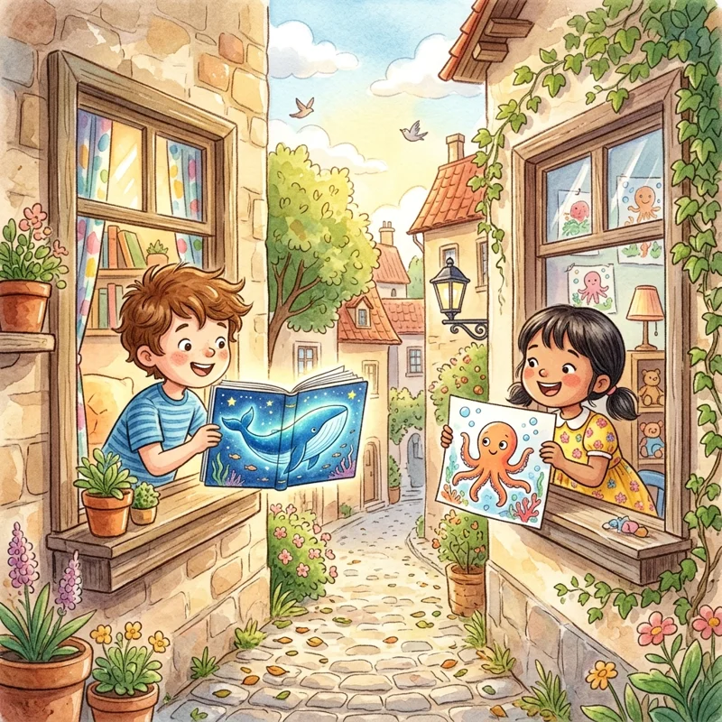 Leo and Mei showing drawings of ocean animals from their windows - kindness and friendship bedtime story