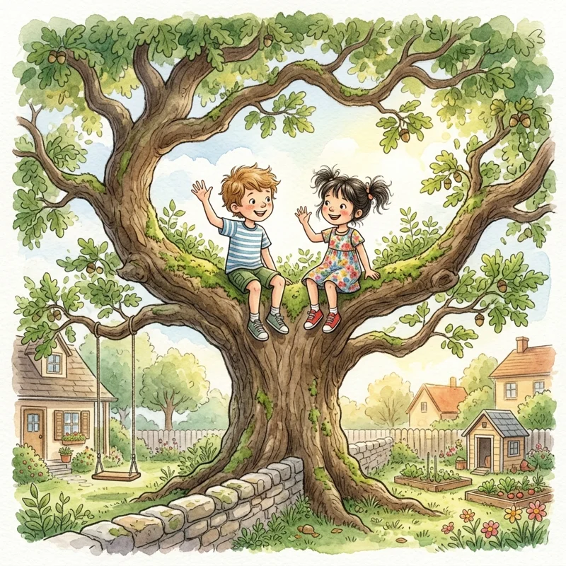 Leo and Mei sitting on a branch of a giant oak tree - kindness and friendship bedtime story