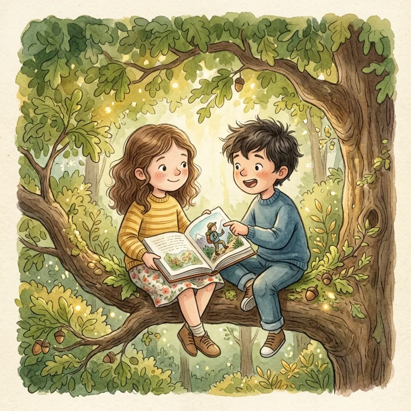 Leo and Mei sharing a book on the oak tree branch - kindness and friendship bedtime story