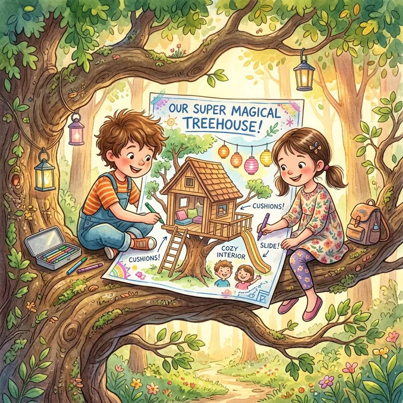 Leo and Mei designing a blueprint for their treehouse library - kindness and friendship bedtime story
