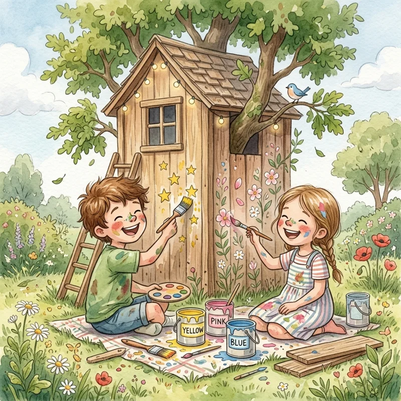 Leo and Mei painting stars and flowers in the treehouse library - kindness and friendship bedtime story