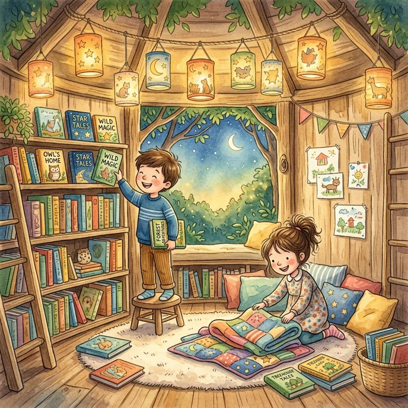 Leo and Mei sitting inside the cozy treehouse library under glowing paper lanterns - kindness and friendship bedtime story