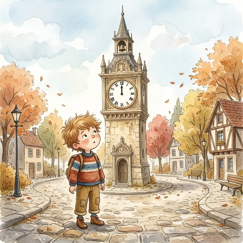Leo looking up at the silent stone clock tower in the cobblestone square - kindness bedtime story