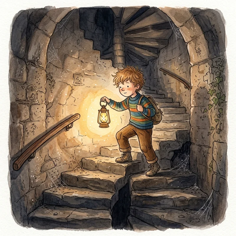 Leo climbing the dark winding staircase of the tower with a lantern - kindness bedtime story