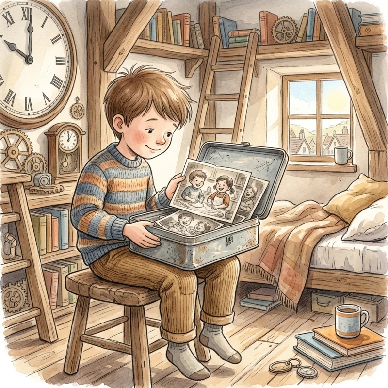 Leo opening a dusty tin box containing black-and-white photos of friends - kindness bedtime story