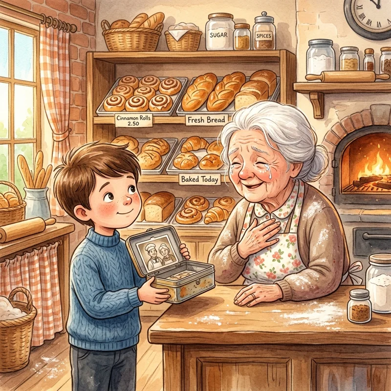 Mrs. Clara the baker looking at the old photo in tears of joy - kindness bedtime story