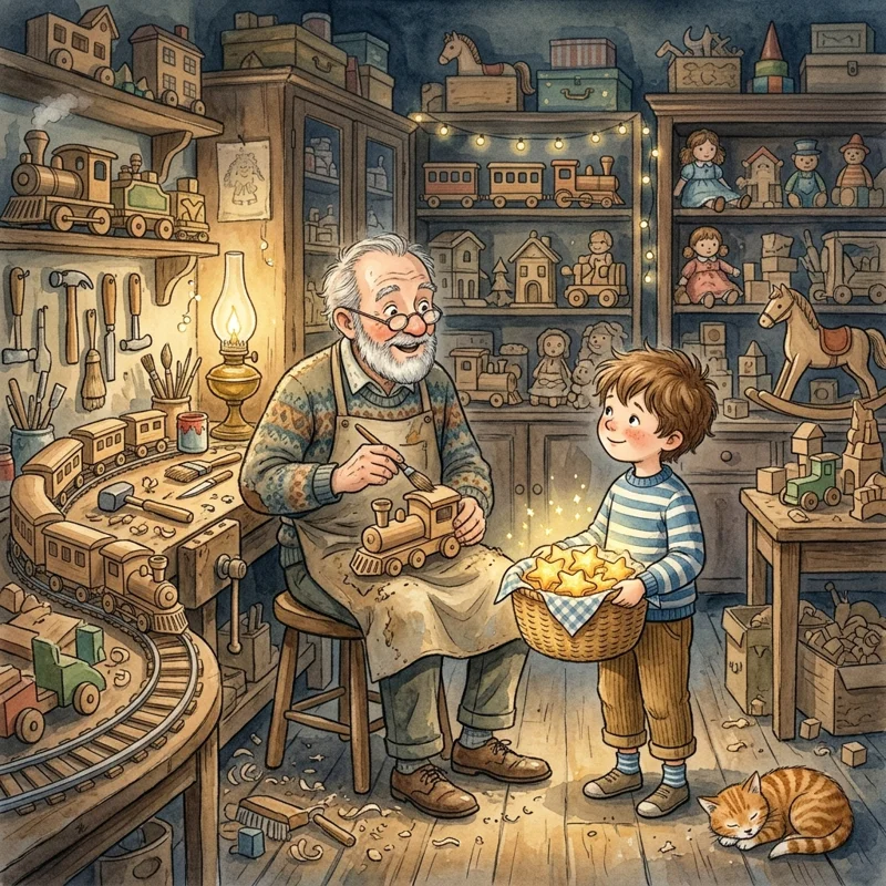 Leo offering Mrs. Clara cookies to Mr. Higgins the lonely toy maker - kindness bedtime story