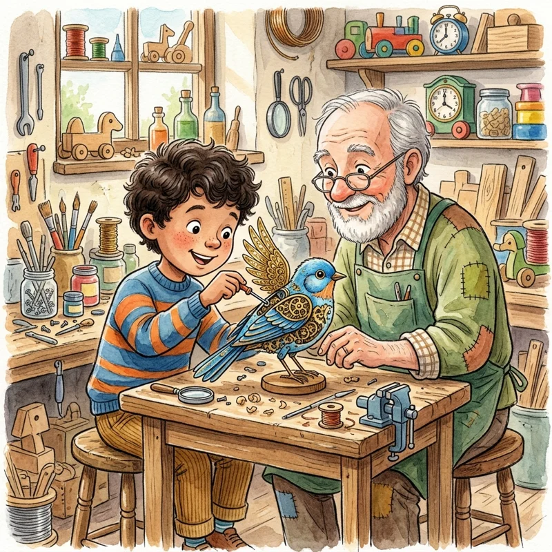 Leo and Mr. Higgins working together on the mechanical bluebird - kindness bedtime story