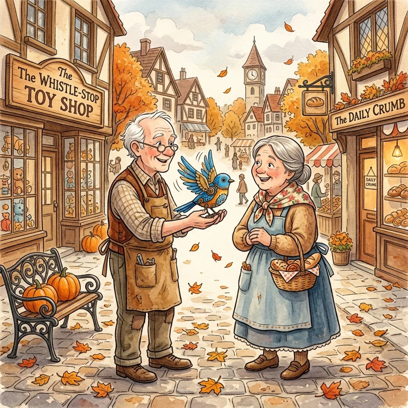 Mr. Higgins presenting the singing mechanical bluebird to Mrs. Clara - kindness bedtime story
