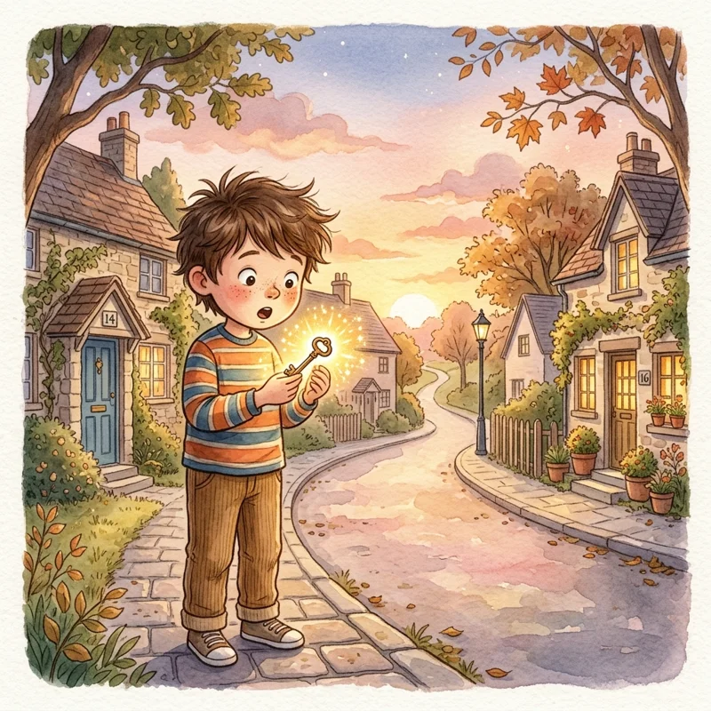 A tiny brass key glowing with a brilliant golden light - kindness bedtime story