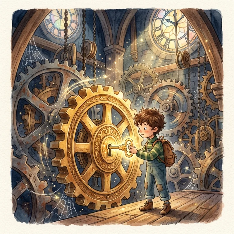 Leo inserting the glowing golden key into the giant clock gear - kindness bedtime story