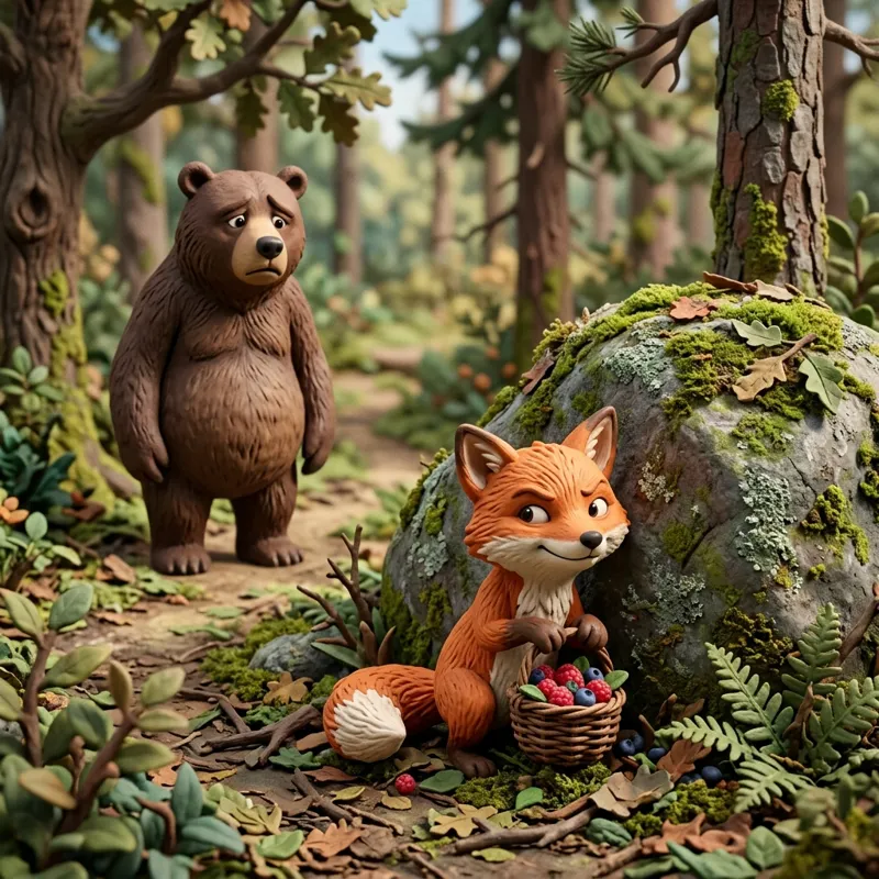 Felix hiding a basket of berries from Barnaby Bear - sharing story for kids