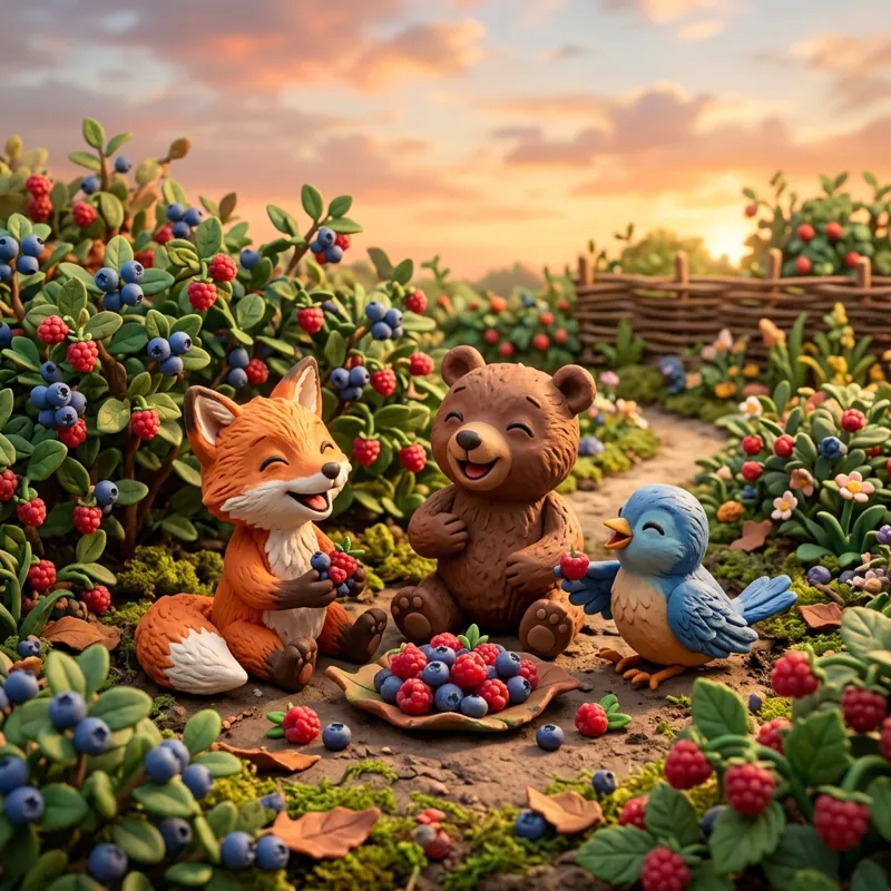 Felix, Barnaby, and Pip sharing berries together at sunset - sharing story for kids