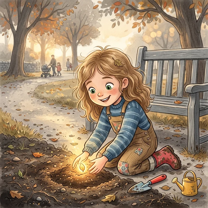 Lily digging a small hole and planting her first golden seed near a park bench - Moral stories for kids