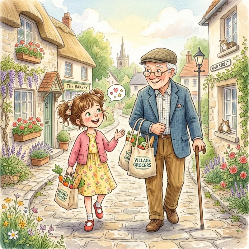 Lily walking down the street helping elderly neighbor Mr. Harrison carry heavy grocery bags - Bedtime stories for kids
