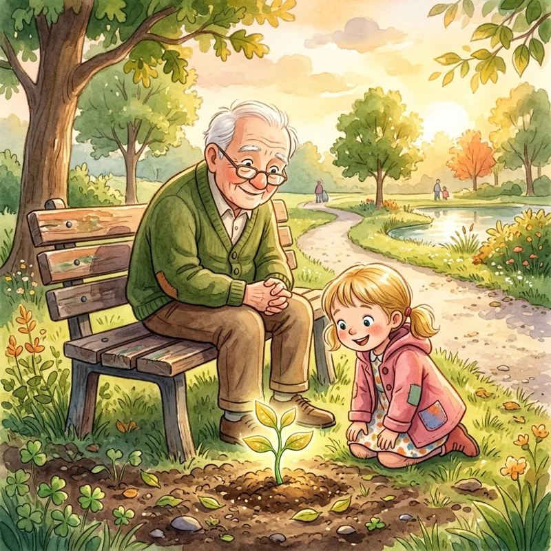 A beautiful green sprout with shimmering golden leaves growing near the park bench - Moral stories for kids