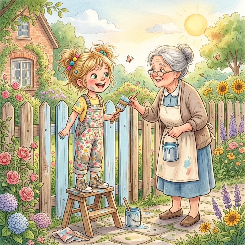 Lily helping neighbor Mrs. Higgins paint her wooden garden fence under the sun - Bedtime stories for kids