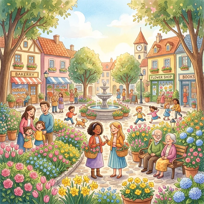Colorful flowers of pink, yellow, and blue blooming near doorways and walkways in Stonebrook - Sleep stories for kids