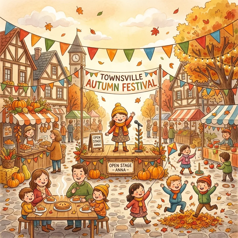 Lily standing proudly on a festival stage while the townspeople cheer and thank her - Moral stories for kids