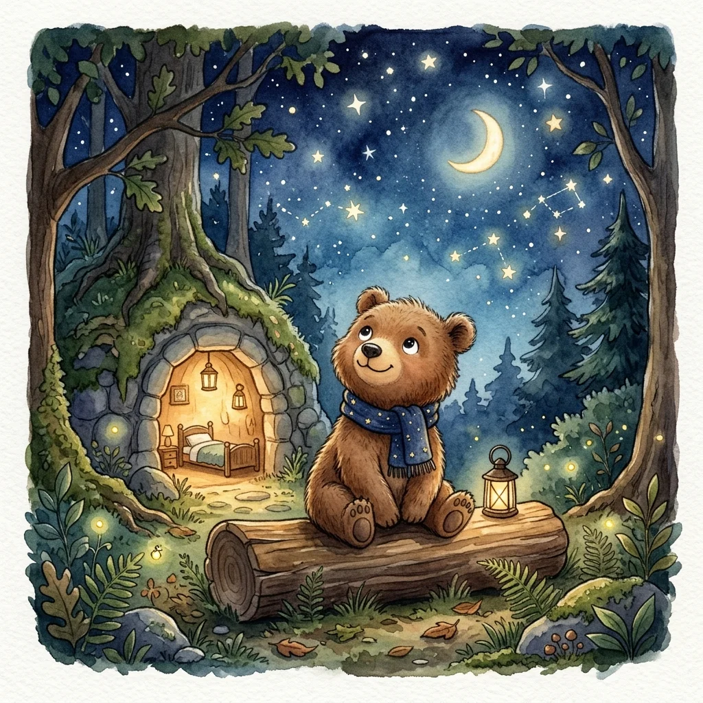 Benny the bear cub sitting on a smooth log outside his cave, looking up at the twinkling night sky - bedtime story