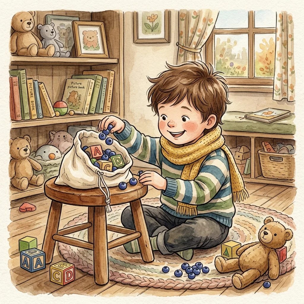 Benny packing his cloth bag with blueberries and blocks, wearing his yellow wool scarf - bedtime story