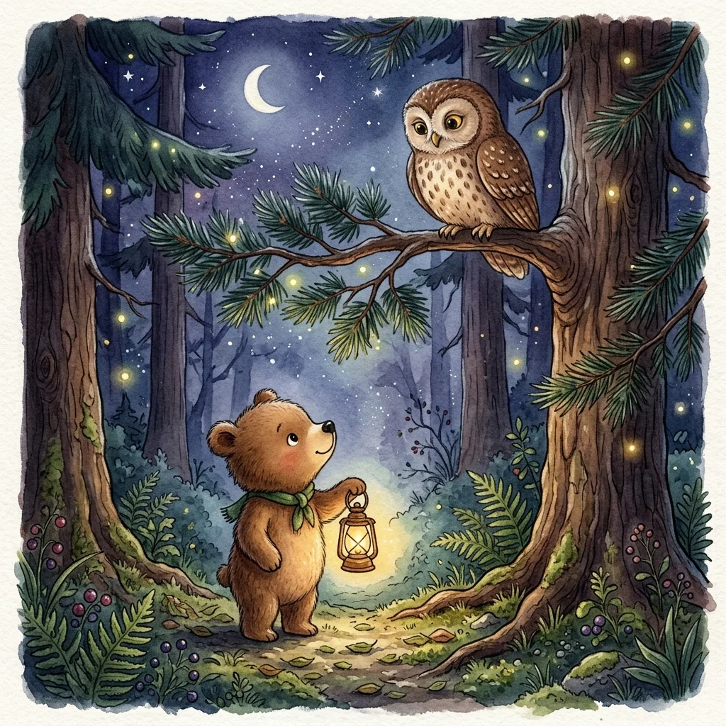 Benny holding a lantern inside a quiet night forest, meeting a wise brown owl in the tree branches - bedtime story