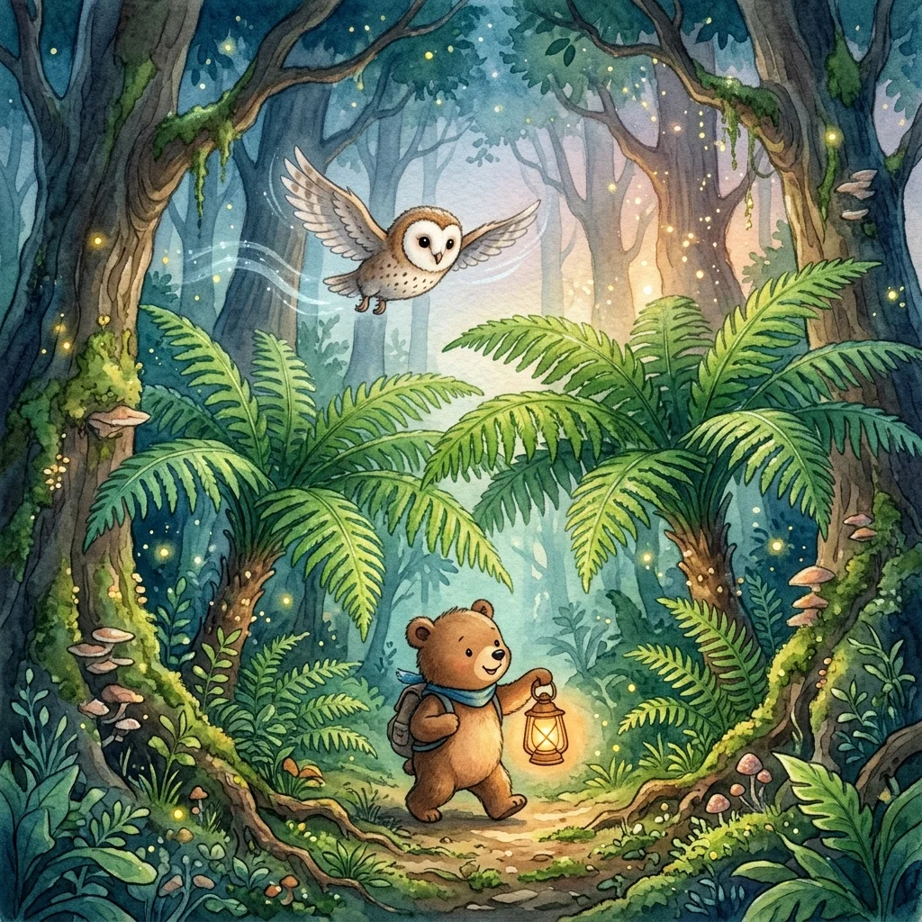 Pip the owl flying silently over giant green ferns with Benny walking below - bedtime story