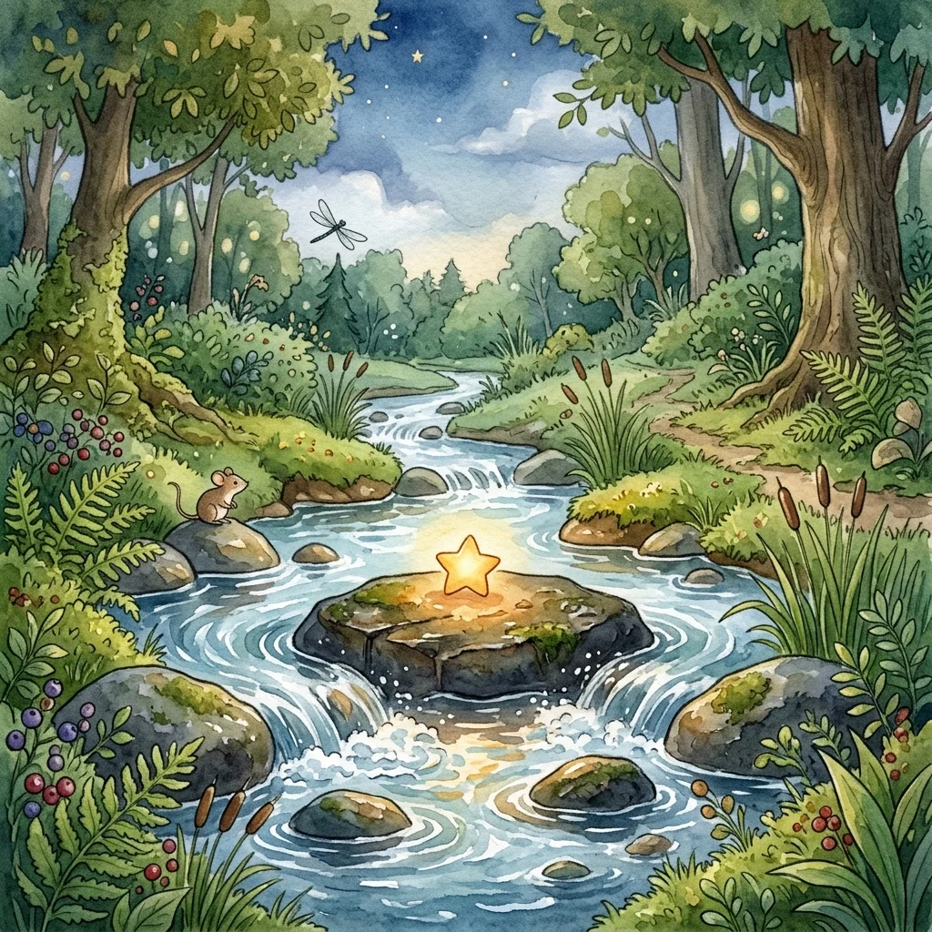 A tiny glowing gold star with weak light sitting on a flat wet stone in the middle of a bubbling forest brook - bedtime story
