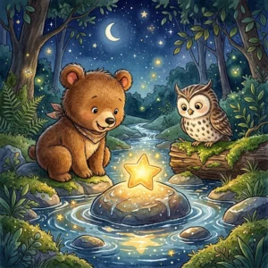 Little bear cub Benny and Pip the owl looking at a magical glowing star on a rock in the middle of a forest brook - bedtime story