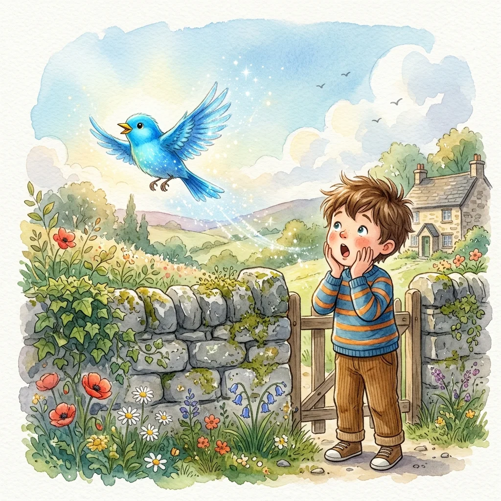 A small bright bluebird with shining feathers and a yellow beak flying off a stone wall - kindness bedtime story
