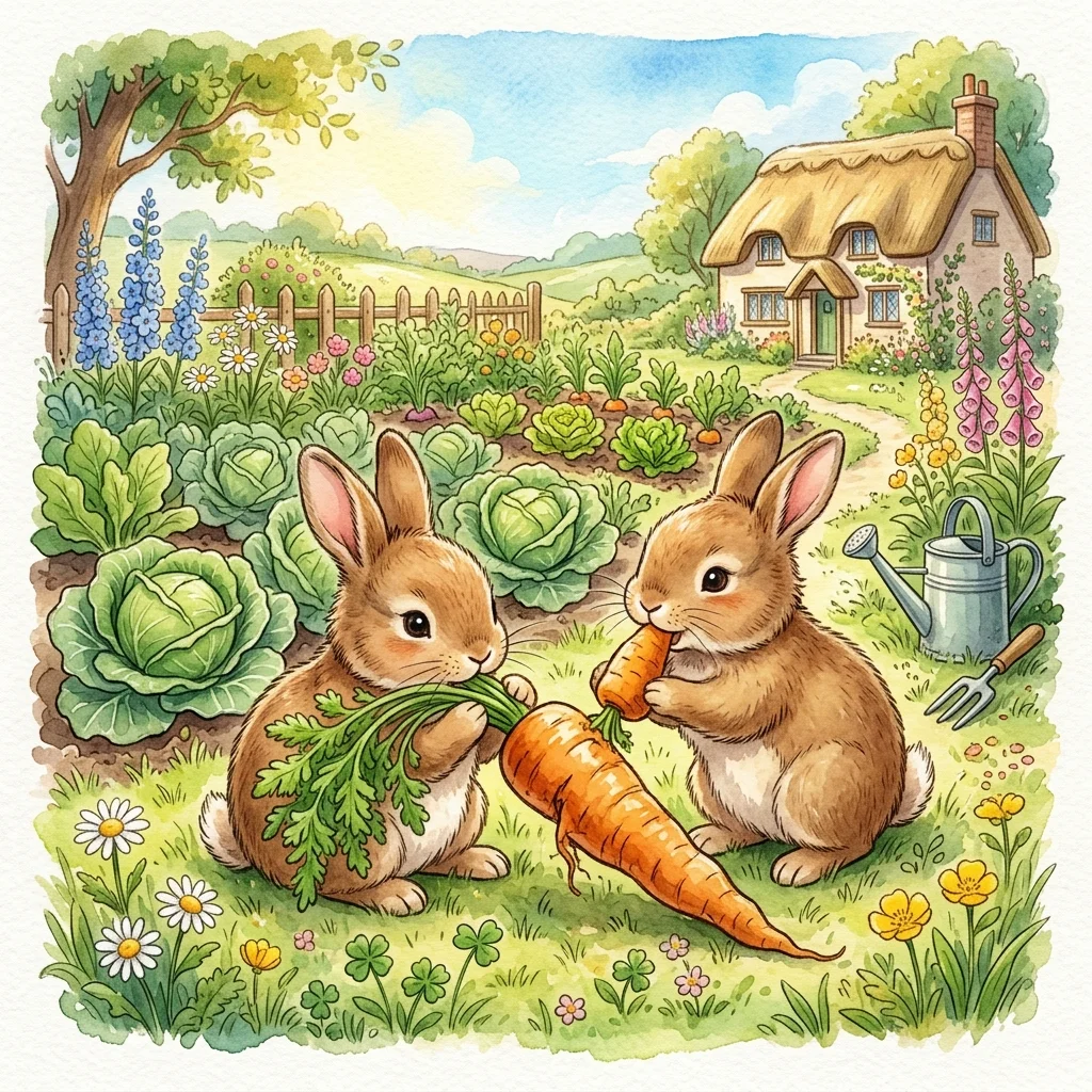 Two cute brown rabbits nibbling on a large orange carrot with fresh green leaves - kindness bedtime story