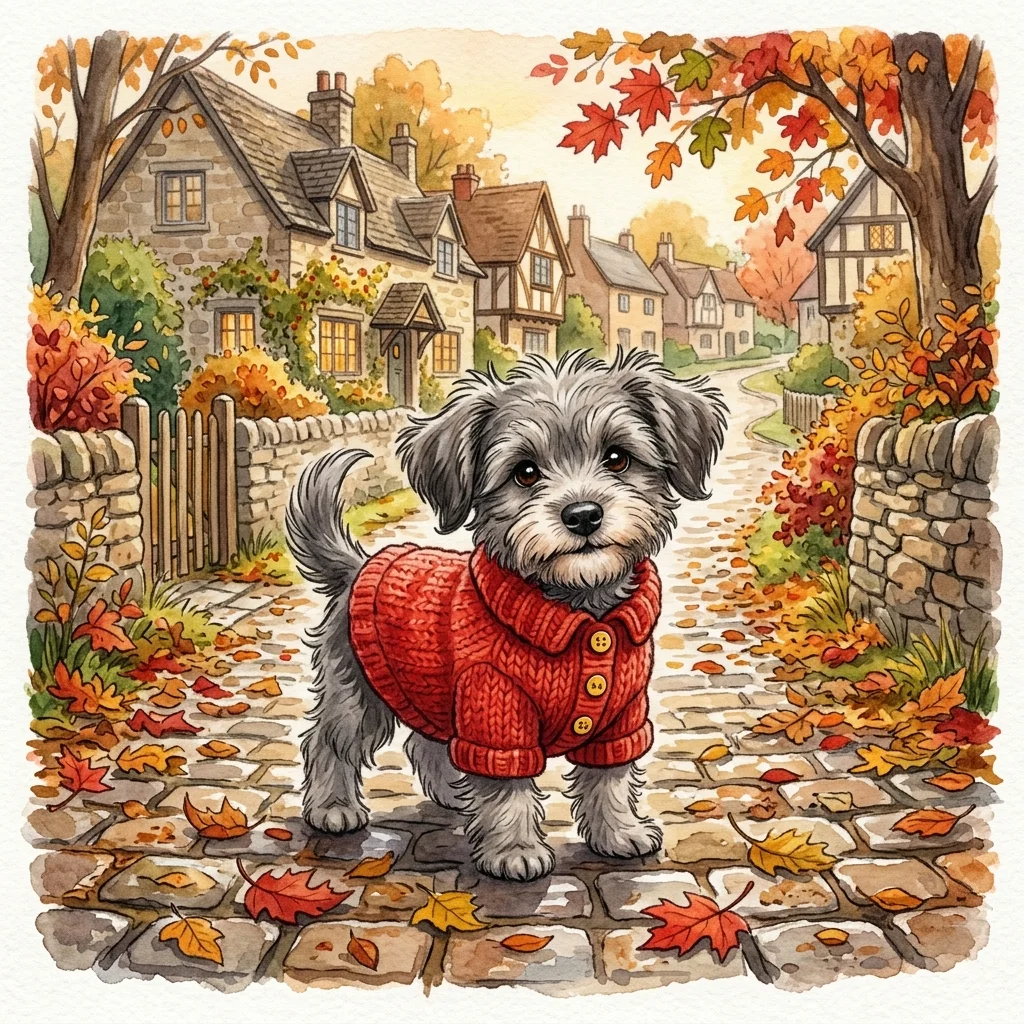 A cute little grey puppy wearing a bright red woolen coat with yellow buttons - kindness bedtime story